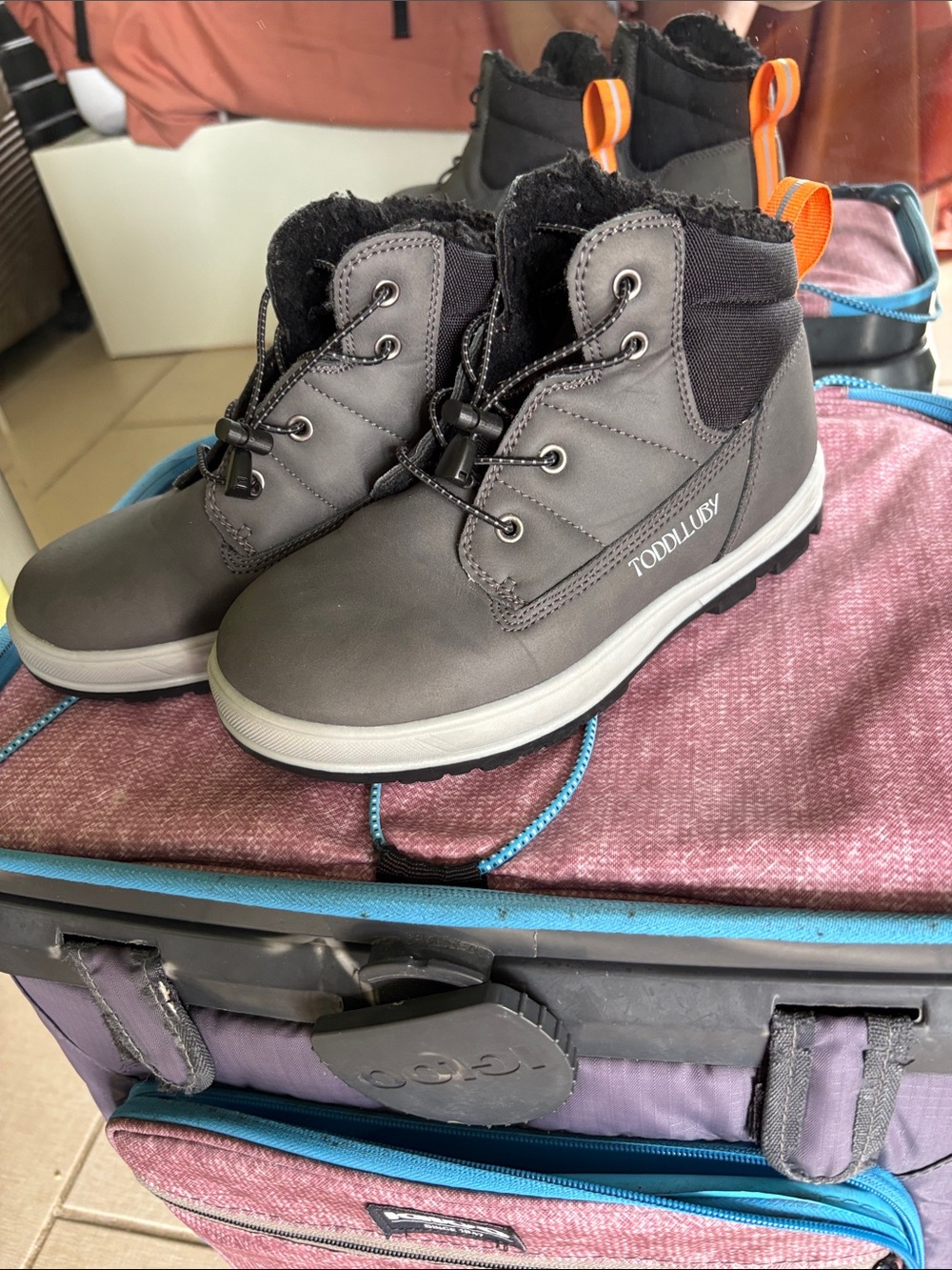 Kids Gray Winter Boots with Orange Pull Tabs